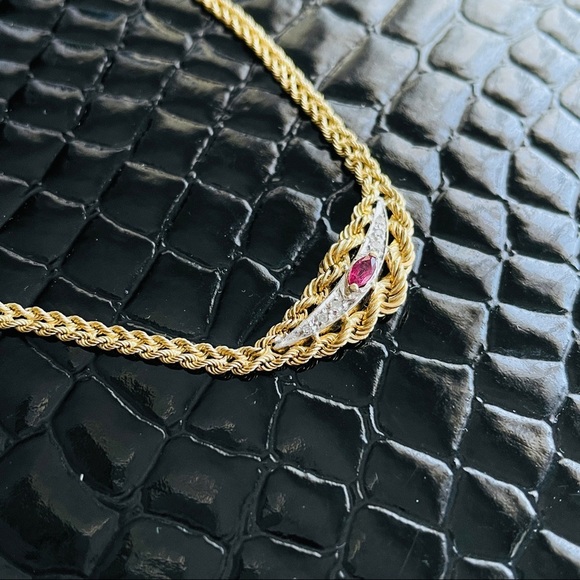 ESTATE 14K GOLD RUBY NECKLACE W/ DIAMONDS DOUBLE ROPE CHAIN - Picture 5 of 11